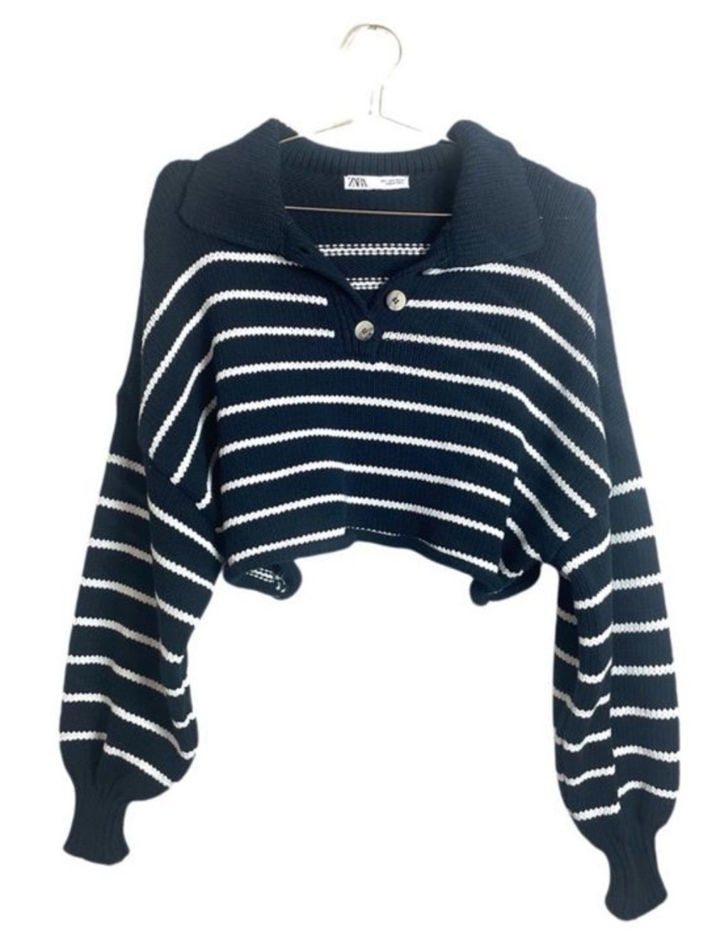 Zara Navy Blue and White Striped Cropped Knit Sweater Collared Neck - Small